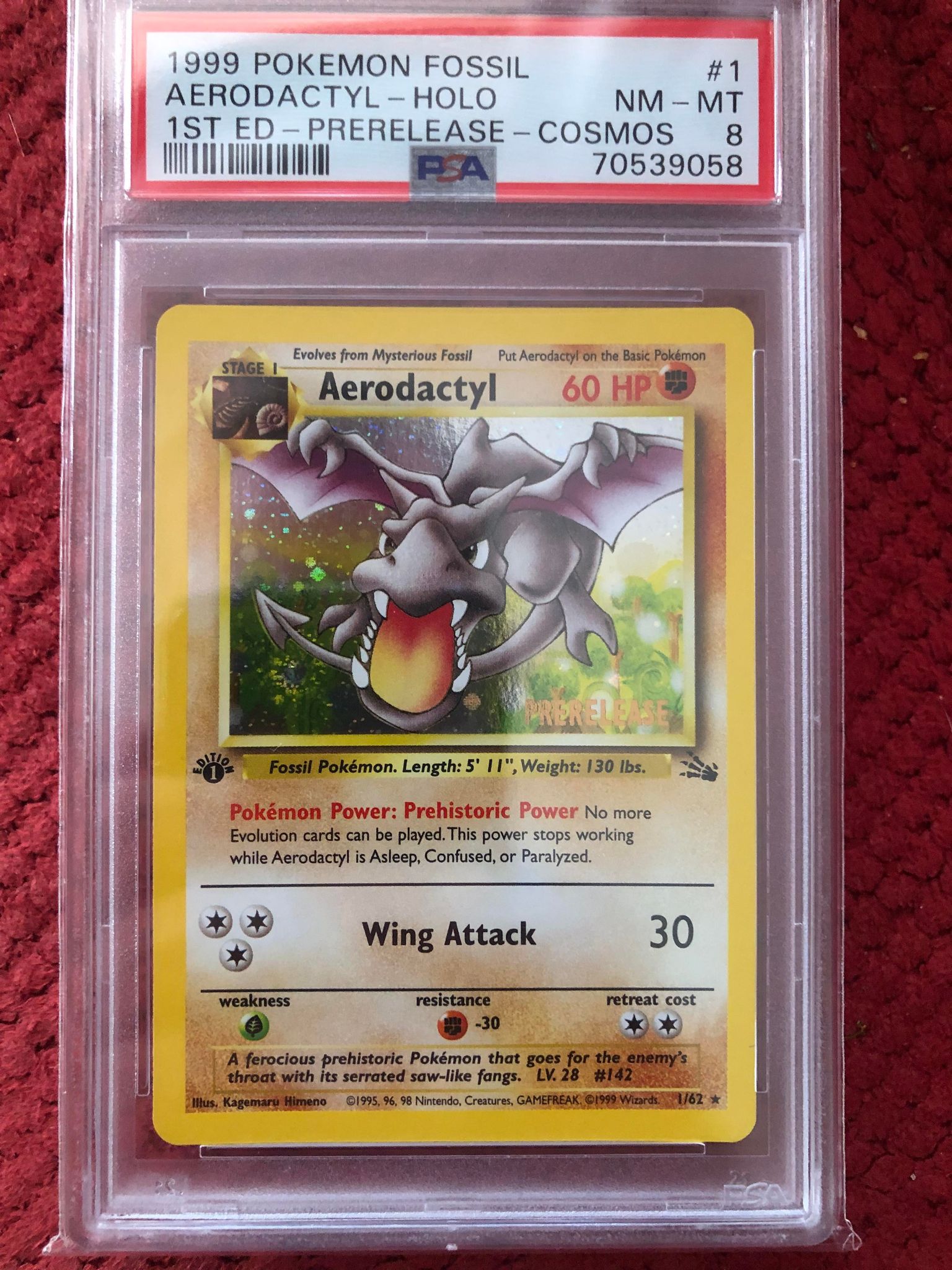 1st Edition Fossil Aerodactyl HOLO Pre Release COSMOS - PSA 8 (low pop)